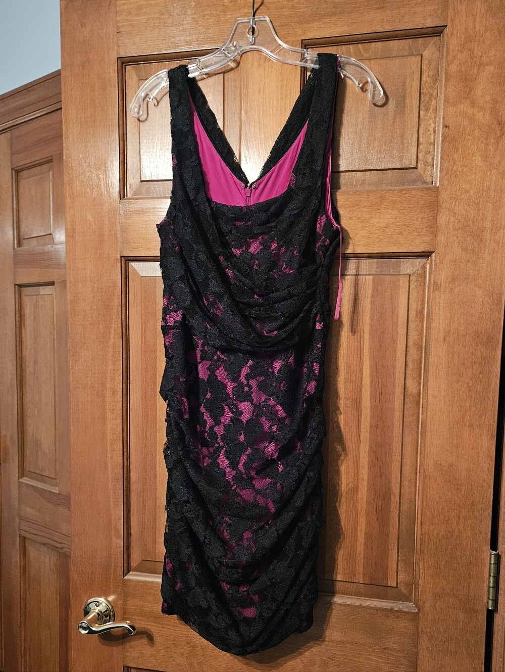 Express Elegant Black Lace Overlay Dress with Fuchsia Underlay